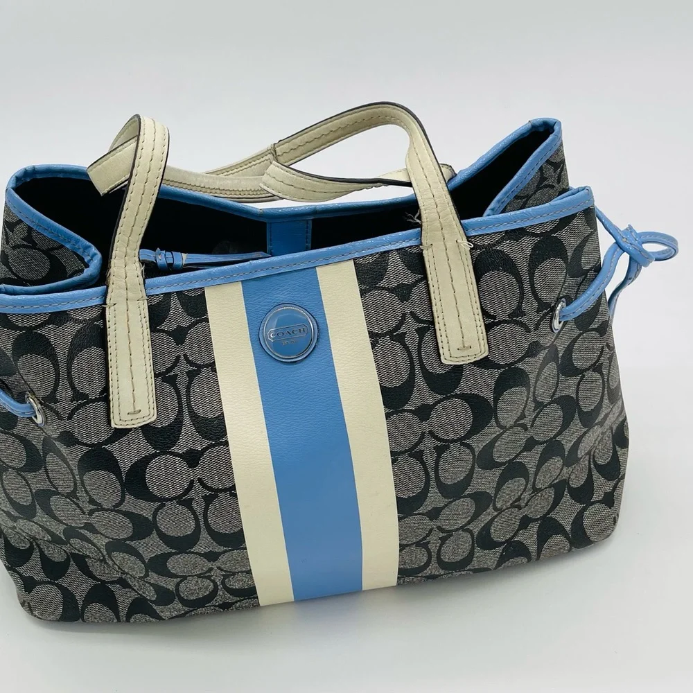 Coach Signature Canvas Satchel in Gray with Blue and Cream Stripes